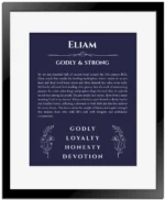 Eliam personalized wall art with the story of your name in navy blue with black matte frame