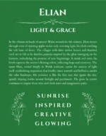 Elian custom name art showing meaning and origin in dark green