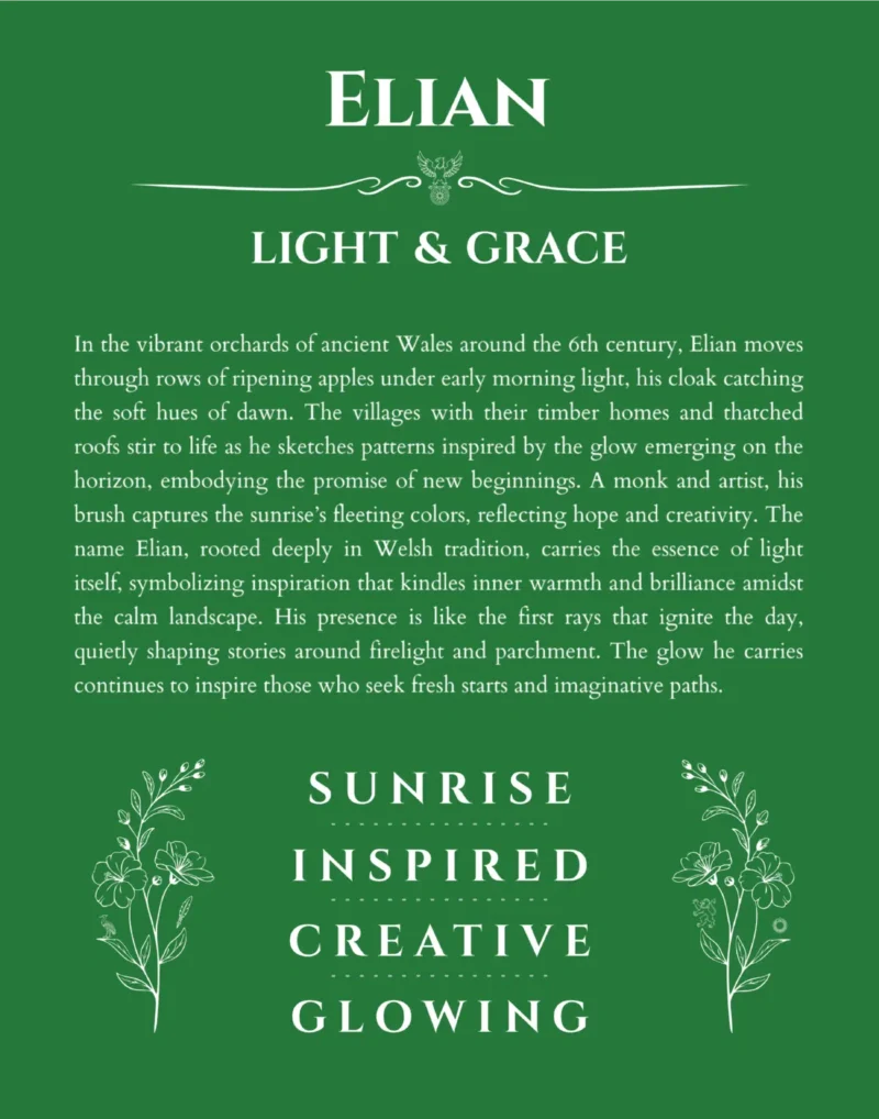Elian custom name art showing meaning and origin in dark green