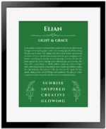 Elian custom name art showing meaning and origin in dark green with black matte frame