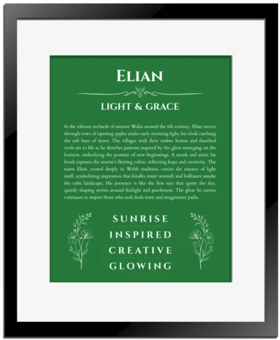 Elian custom name art showing meaning and origin in dark green with black matte frame