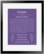 Eliana personalized wall art with the story of your name in purple with black matte frame