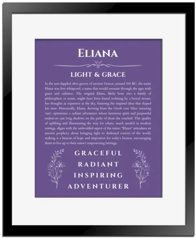 Eliana personalized wall art with the story of your name in purple with black matte frame