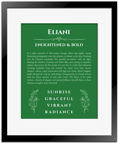 Eliani name meaning wall art by Get Your Story in dark green with black matte frame