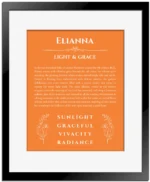 Elianna personalized name print with origin and traits in orange with black matte frame