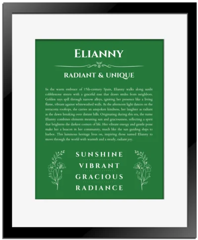 Elianny custom name meaning print in dark green with black matte frame