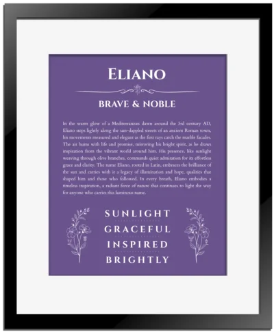 Eliano custom name print for wall display in purple with black matte frame