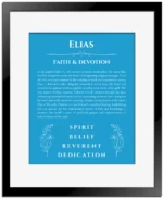 Elias personalized name art with origin story in blue with black matte frame