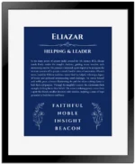 Eliazar custom name art showing meaning and origin in deep blue with black matte frame