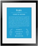Eliel custom name art showing meaning and origin in blue with black matte frame