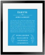 Eliette custom name art showing meaning and origin in blue with black matte frame