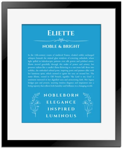 Eliette custom name art showing meaning and origin in blue with black matte frame