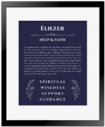 Eliezer personalized name print with origin and traits in navy blue with black matte frame