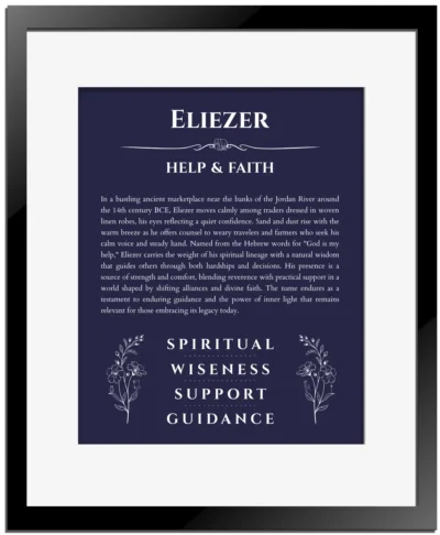 Eliezer personalized name print with origin and traits in navy blue with black matte frame