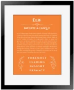 Elif name meaning gift print in orange with black matte frame