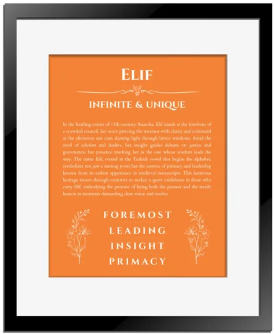 Elif name meaning gift print in orange with black matte frame