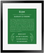 Elin name meaning wall art by Get Your Story in dark green with black matte frame