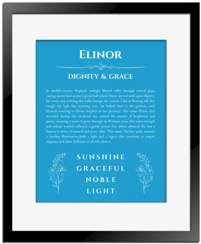 Elinor personalized name meaning print in blue with black matte frame