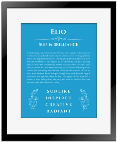 Elio personalized name art with origin story in blue with black matte frame