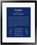 Eliora custom name meaning print in deep blue with black matte frame