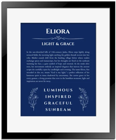 Eliora custom name meaning print in deep blue with black matte frame