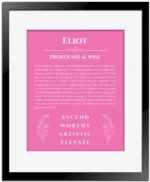 Eliot personalized name art with origin story in pink with black matte frame
