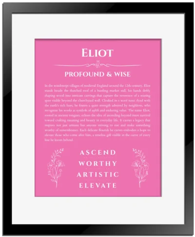 Eliot personalized name art with origin story in pink with black matte frame