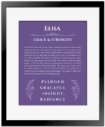 Elisa personalized wall art with the story of your name in purple with black matte frame