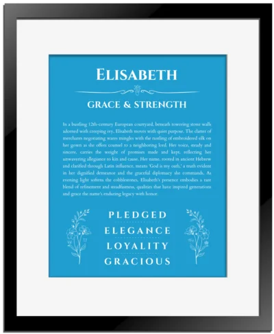Elisabeth custom name meaning print in blue with black matte frame