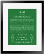Elise personalized name meaning print in dark green with black matte frame