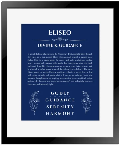 Eliseo name meaning wall art by Get Your Story in deep blue with black matte frame