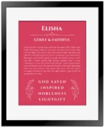 Elisha personalized name print with origin and traits in red with black matte frame
