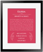 Elissa custom name art showing meaning and origin in red with black matte frame