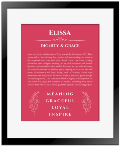 Elissa custom name art showing meaning and origin in red with black matte frame