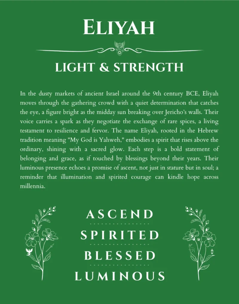 Eliyah personalized name print with origin and traits in dark green