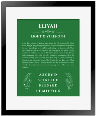 Eliyah personalized name print with origin and traits in dark green with black matte frame