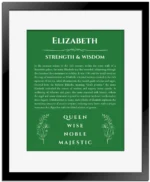 Elizabeth personalized wall art with the story of your name in dark green with black matte frame