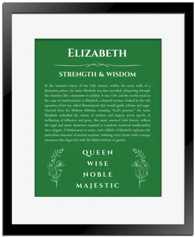 Elizabeth personalized wall art with the story of your name in dark green with black matte frame