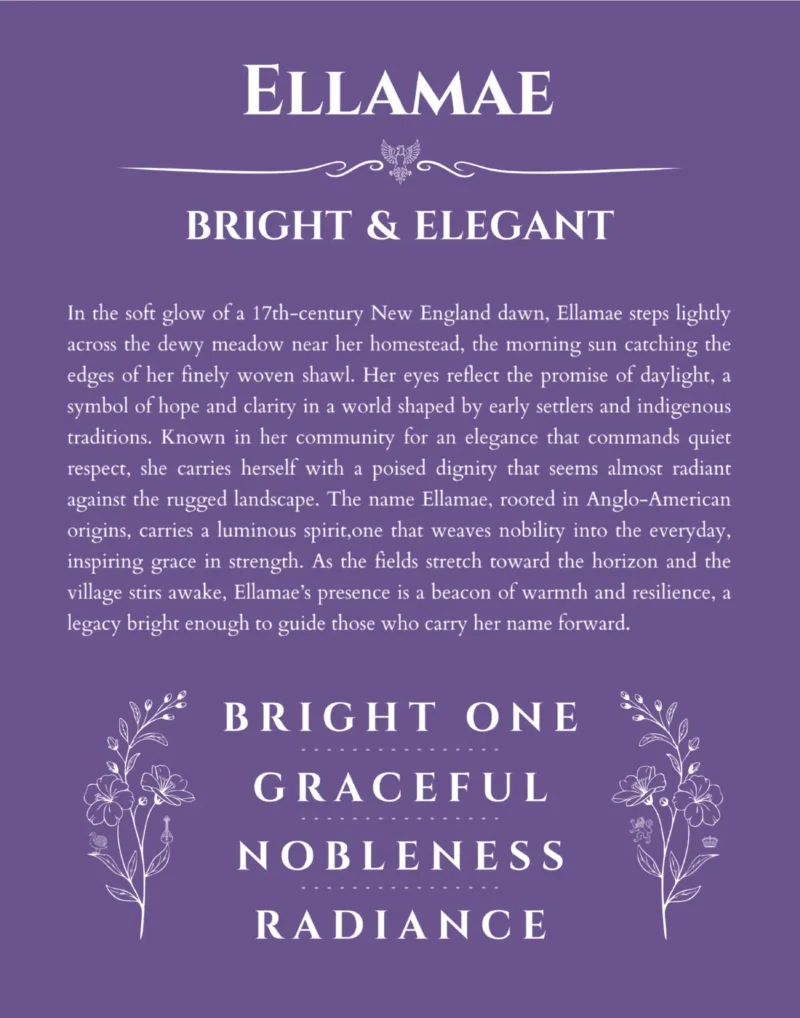 Ellamae personalized name art with origin story in purple