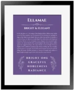 Ellamae personalized name art with origin story in purple with black matte frame