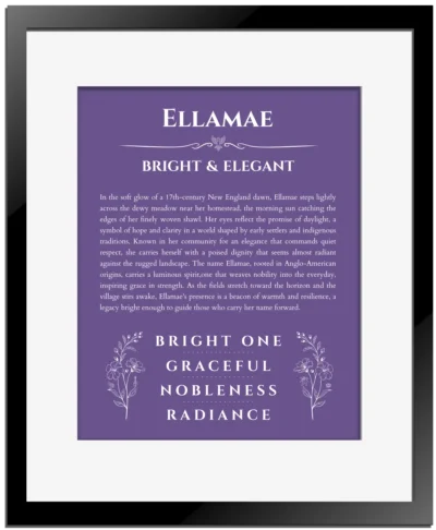 Ellamae personalized name art with origin story in purple with black matte frame