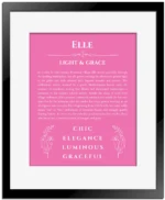 Elle custom name print for wall display in pink with black matte frame