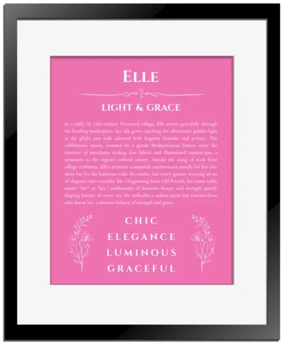 Elle custom name print for wall display in pink with black matte frame