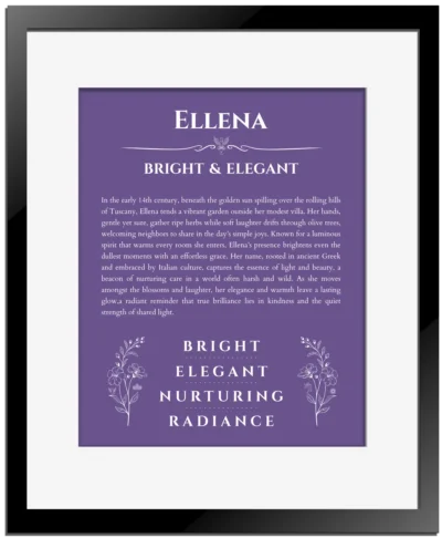 Ellena name meaning wall art by Get Your Story in purple with black matte frame