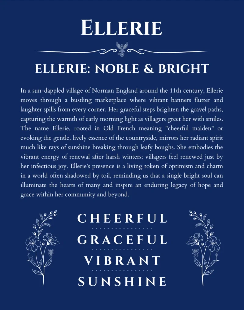 Ellerie name origin print with meaning and traits in deep blue