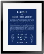Ellerie name origin print with meaning and traits in deep blue with black matte frame