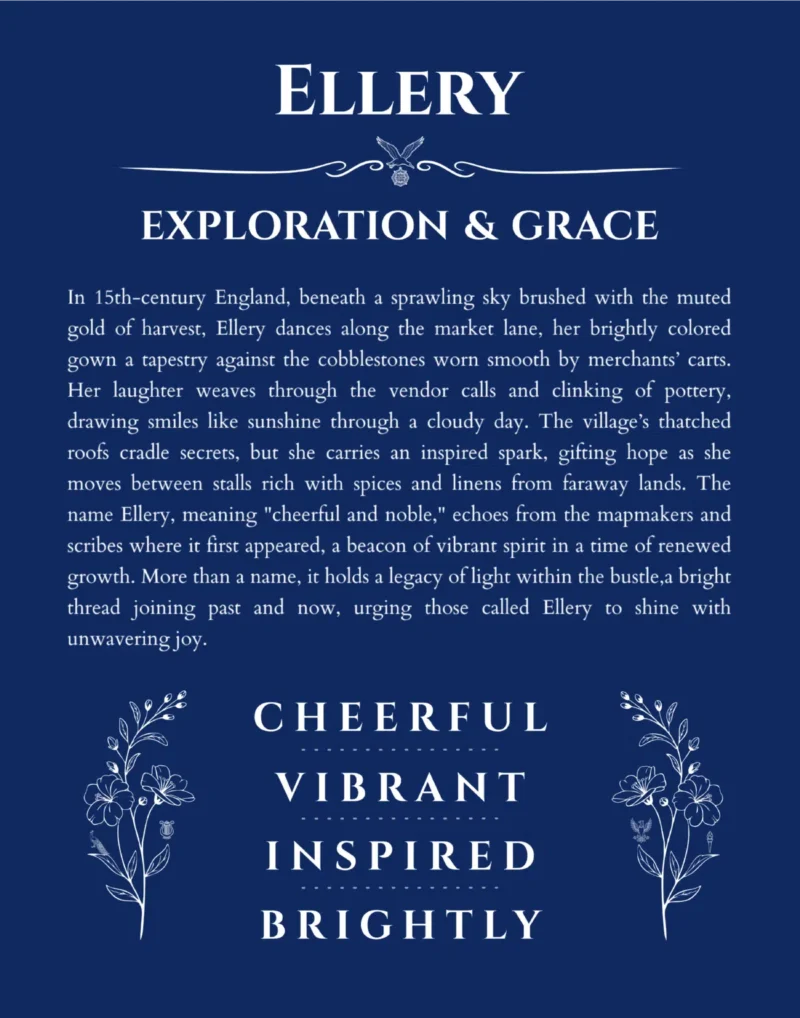 Ellery personalized name art with origin story in deep blue