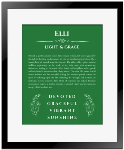 Elli name meaning wall art by Get Your Story in dark green with black matte frame