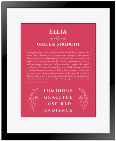 Ellia personalized name print with origin and traits in red with black matte frame