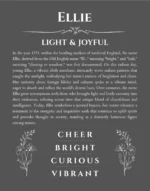 Ellie name origin print with meaning and traits in gray